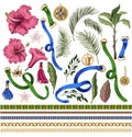 Elements of belts, chains and tropical leaves and flowers. For trendy fashion print.