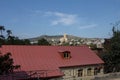 Elements of buildings, church and mountains