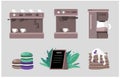 Elements for a coffee shop - a set of different coffee machines and macaroon desserts and pancakes with berries. Vector Royalty Free Stock Photo