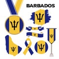 Elements Collection With The Flag of Barbados Design Template. Barbados Flag, Ribbons, Medal, Map, Grunge Texture and Button Royalty Free Stock Photo