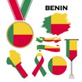 Elements Collection With The Flag of Benin Design Template. Benin Flag, Ribbons, Medal, Map, Grunge Texture and Button Royalty Free Stock Photo