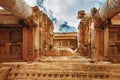 Elements of the columns of the architectural structure against the blue sky of the Library of Celsus in Ephesus, Turkey Royalty Free Stock Photo