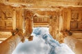 Elements of the columns of the architectural structure against the blue sky of the Library of Celsus in Ephesus, Turkey Royalty Free Stock Photo