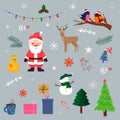 Elements for creating Christmas illustrations. Santa Claus and snowman, deer and gifts and garland with light bulbs. Royalty Free Stock Photo