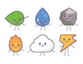 Elements Cute Doodle Set. Gas, Water drop, Electricity, Plant symbol, Stone, Cloud. Nature abstract design concept