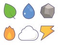 Elements Cute Icon Set. Gas, Water drop, Electricity, Plant symbol, Stone, Cloud. Nature abstract design concept