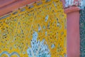 Elements of designer decoration of exterior parts of houses on streets of the city of Tangier in the Kingdom of Morocco