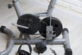 Elements of an exercise bike. Servicing the drive pulley and flywheel. Close-up