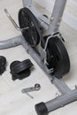 Elements of an exercise bike. Servicing the drive pulley and flywheel. Close-up