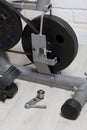 Elements of an exercise bike. Servicing the drive pulley and flywheel. Close-up