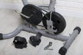 Elements of an exercise bike. Servicing the drive pulley and flywheel. Close-up