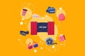 Elements of film industry set, scene, camera, ticket, ice cream, 3d glasses, popcorn vector Illustration on yelllow