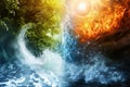 Elements Merge with Water, Fire, Tree, and Lightning Concept Royalty Free Stock Photo