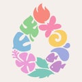 Elements of nature in shape of water drop. Vector logo template or icon with fire, leaf, sun and flower