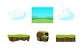 Elements of nature summer landscape, ground, grass, sky, clouds, user interface assets for mobile apps or video games