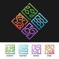 4 Elements of nature symbol - earth water wind and fire symbol with modern lines symmetrical square shape vector design