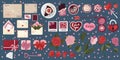 Elements and objects for Valentine`s Day. Postcard, enveloments, hearts, lolipop, coffee, cake, roses, and etc. Vector art.