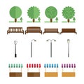 Elements of the park, benches, lights, market tent, shall in different colors