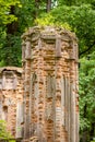 Elements of ruins of mighty castle in the forest, green trees all around Royalty Free Stock Photo