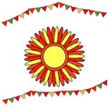 Shrovetide or Maslenitsa. Stylized sun with red and yellow rays. Elements Russian national holiday. Educational cards or greeting