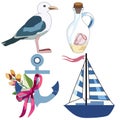 1402 elements, set of elements in sea style, gull, yacht, anchor, bottle, vector illustration, for different design
