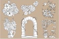 Elements on the theme of the garden. Black and white vector for coloring books. Brick arch