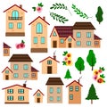 2196 elements, Vector illustration, set of pretty houses in flowers and trees, bright bright colors Royalty Free Stock Photo