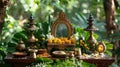 Elements of the Vishu festival, including a traditional brass lamp (Nilavilakku) and a mirror, set against a Royalty Free Stock Photo