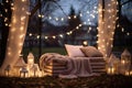Elements of wedding decor at night outdoor ceremony or holiday decoration of backyard patio
