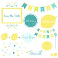 Elements of a wedding invitation in yellow and blue