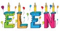 Elen female first name bitten colorful 3d lettering birthday cake with candles and balloons Royalty Free Stock Photo