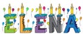 Elena female first name bitten colorful 3d lettering birthday cake with candles and balloons