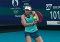 Elena Rybakina of Kazakhstan in action during semi-final match against Victoria Azarenka of Belarus at 2024 Miami Open