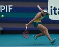 Elena Rybakina of Kazakhstan in action during semi-final match against Victoria Azarenka of Belarus at 2024 Miami Open