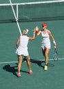 Elena Vesnina (L) and Ekaterina Makarova of Russia in action during women's doubles final of the Rio 2016