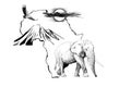 Elephant on Africa map background with Kilimanjaro mountain, vulture and sun