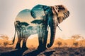 Elephant and the African savannah double exposure. Generative AI