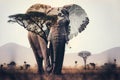 Elephant and the African savannah double exposure. Generative AI