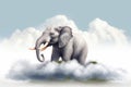 Elephant animal sitting on white cloud illustration. Generate ai