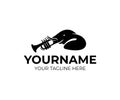 Elephant animal and trunk-trumpet instrument, logo design. Music, melody, jazz and plays an instrument, vector design