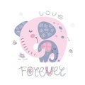 Elephant with a baby elephant in a cute style. Together forever. Inscription. Vector