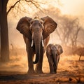 Elephant with baby. Elephant at Mana Pools NP Zimbabwe in Africa. Big animal in the old forest evening light sun set Royalty Free Stock Photo