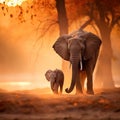 Elephant with baby. Elephant at Mana Pools NP Zimbabwe in Africa. Big animal in the old forest evening light sun set Royalty Free Stock Photo