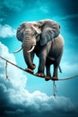 An elephant walking on a tightrope in the sky Royalty Free Stock Photo
