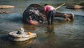 Elephant bath wash on the river of hampi india karnakata