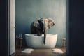 An elephant bathes in a bubble bath, the concept of animal behavior and non-standard situations, cleanliness, and hygiene.