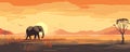 Elephant on a beautiful African savanna landscape at sunset, panoramic view, illustration generated by ai Royalty Free Stock Photo