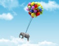 An elephant being lifted by balloons