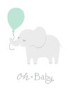 Elephant with a mint green balloon. Oh Baby lettering. Cute baby shower invitation card design or nursery poster art