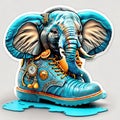 Elephant with a blue shoe and a chain on a white background